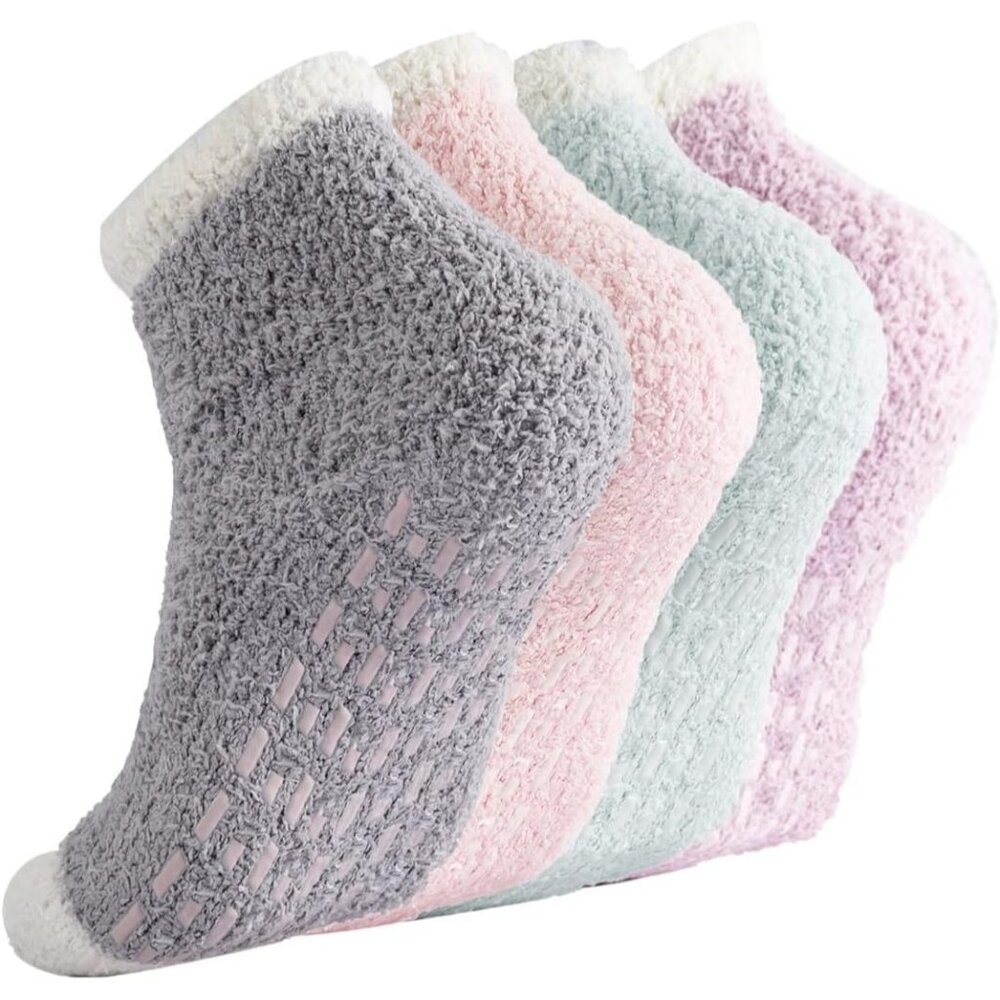 Women's 4 Pairs Grip Slipper Non Slip Imported Ultra Soft Fuzzy Socks